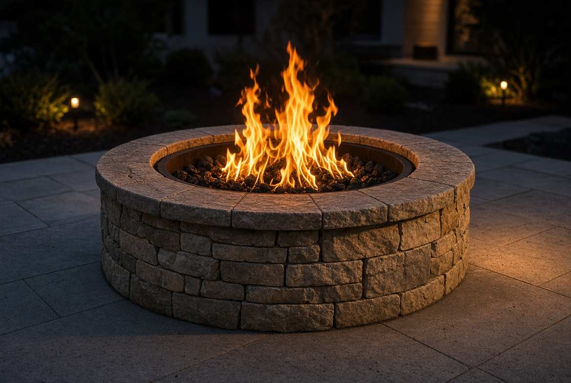 Custom stone firepit in a landscaped backyard