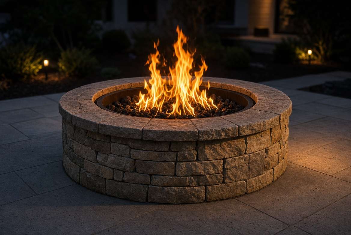 Custom stone firepit in a landscaped backyard