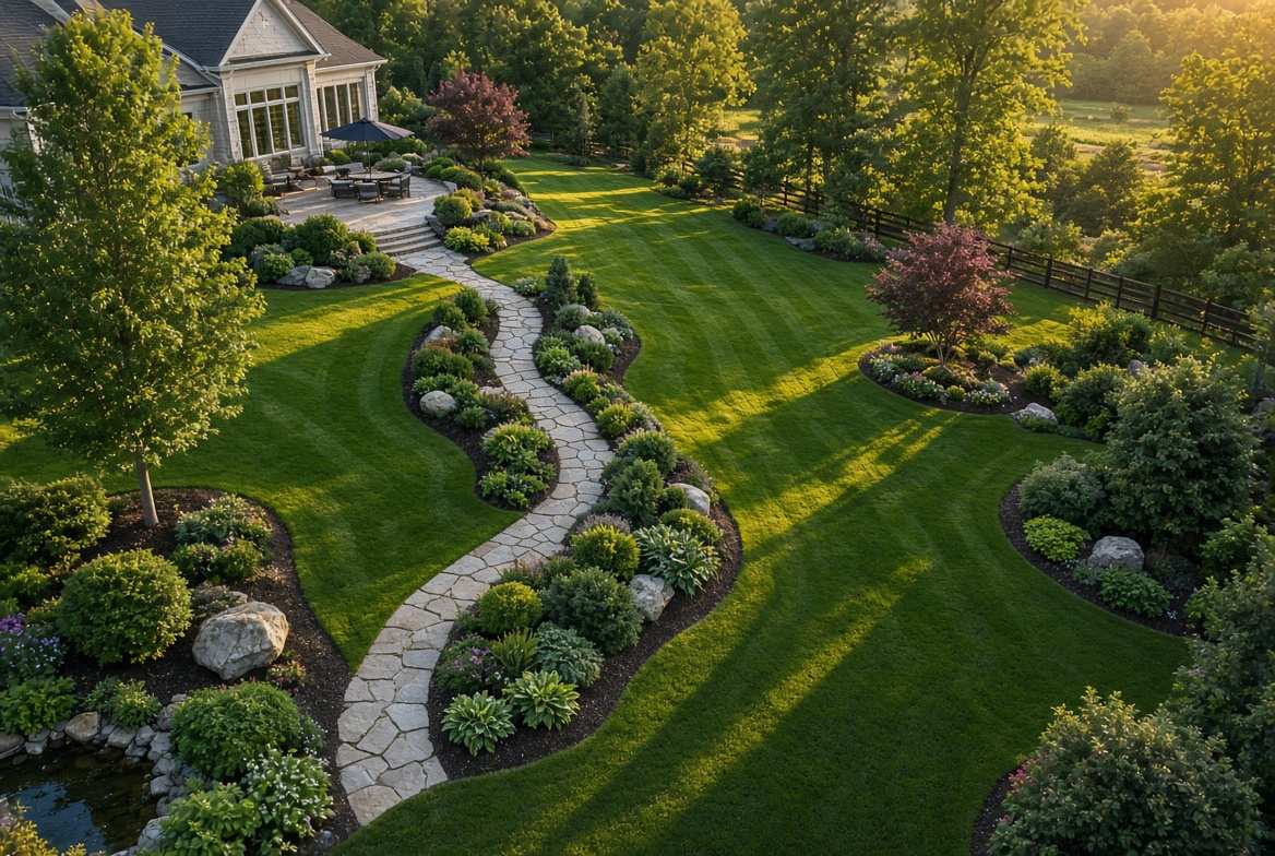 Landscaped lawn and stone path