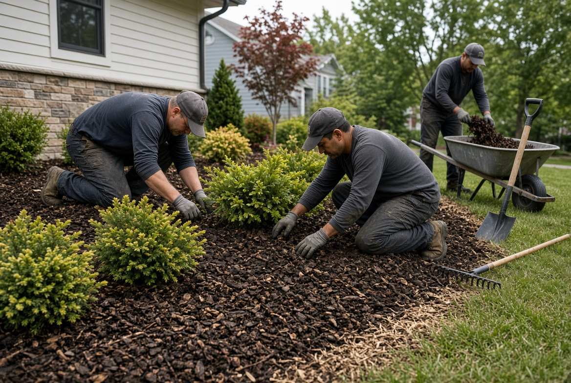 Landscape installation crew planting a Columbus yard