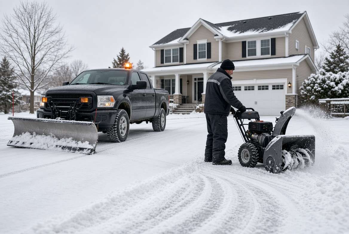 Commercial snow plow clearing a driveway