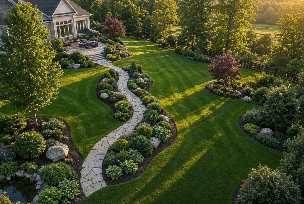 Landscaped lawn and stone path